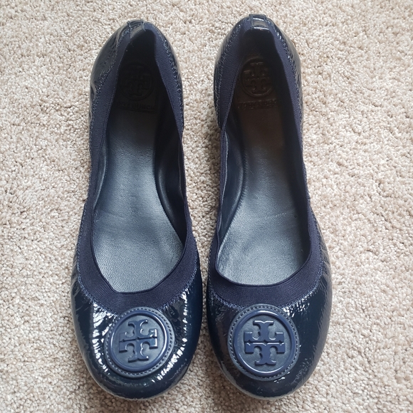 Tory Burch Shoes - Tory Burch Logo Navy Blue Leather Flats Size 10
